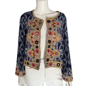 Calypso St. Barth Navy Akillna Ikat Jacket With Colorful Embroidered Mirror Deta